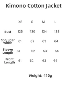 Size chart for kimono style jacket with chest, shoulder, sleeve, and length measurements