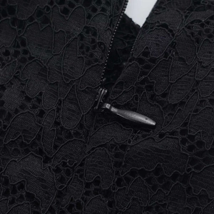 Chic black sleeveless lace mini dress with stand collar and invisible back zipper closure
