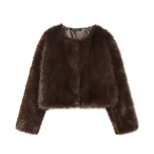 Fashionable dark brown faux fur jacket for women with soft plush texture and short cut