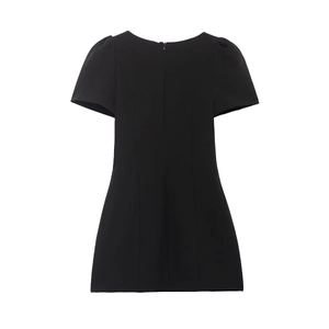 Elegant black puff sleeve mini dress with round neckline and back zipper for slim fit