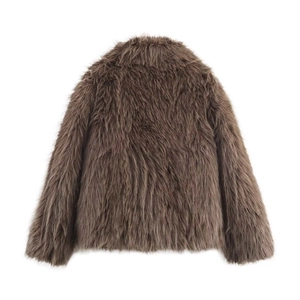 Rear view of a premium brown faux fur coat with dense plush texture and soft glossy finish