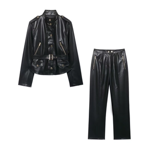 Women Faux Leather Moto Jacket And Flare Pants With Belt Gold Buttons Black PU Biker Outfits Streetwear
