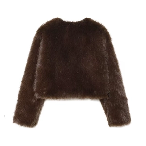 Close-up detail of dark brown faux fur jacket showing fluffy texture and plush material
