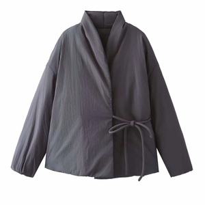 Minimalist dark grey kimono style wrap jacket with tie closure and soft winter fabric