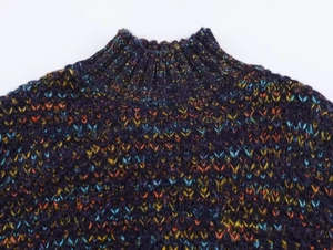 Close-up of a mock neck knit sweater showing colorful mixed yarn texture and ribbed collar