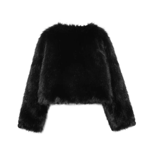 Detailed texture of black faux fur short jacket with fluffy long hair fibers
