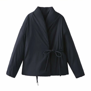 Navy blue women's kimono-style lightweight jacket with waist tie and elastic cuffs