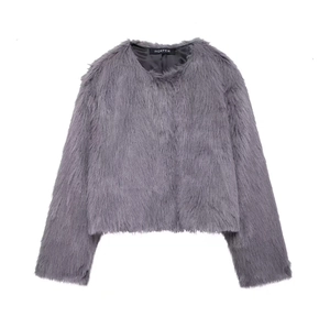 Close-up of gray faux fur jacket showing high-quality texture and Indefeir brand label