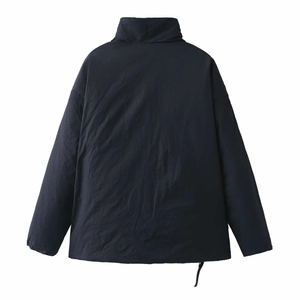 Detail view of dark navy kimono style coat back featuring adjustable drawstring hemline