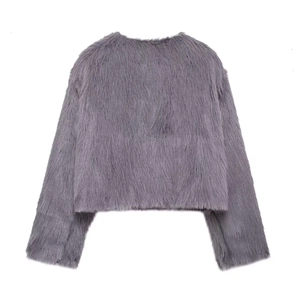 Close-up of textured faux fur material on this stylish smoky purple cropped jacket for women