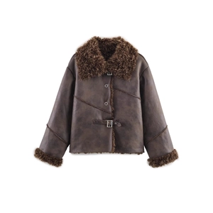 Brown faux shearling aviator jacket featuring a plush collar and buckled waist details
