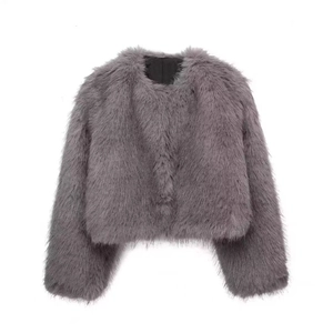 Women's faux fur cropped jacket in grey plush texture, minimalist round neck style