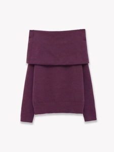Detail of elegant off-shoulder deep purple knit sweater with ribbed collar texture