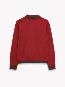 Detail view of the deep red knit texture and contrasting brown trim on the back of the sweater