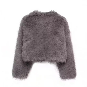 Detail shot of plush purple-grey faux fur jacket texture and high-quality synthetic fibers