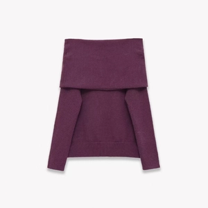 Women's off-shoulder deep purple knit sweater with stylish ring detail and rolled collar