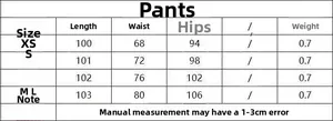 Detailed size chart for herringbone wool trousers with length, waist, and hip measurements