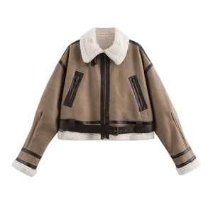 Women's Faux Suede Motorcycle Jacket With Faux Lamb Wool Lapel Zipper Short Outerwear Warm Winter Belted Coat