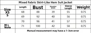 Size chart for women's herringbone wool blend blazer jacket with skirted hem details