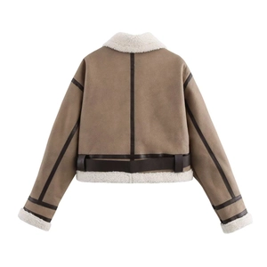 Women's brown faux suede aviator jacket with white faux shearling trim and belt