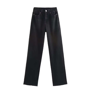 Vintage Black High Waisted Straight Leg Jeans For Women Casual Raw Hem Polyester Washed Denim Versatile Commuter Pants