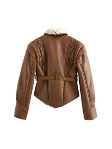 Detail view of brown faux leather jacket back with white shearling collar and lace-up design
