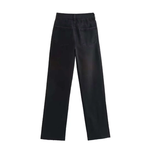 High-waisted straight-leg black denim jeans with raw hem and classic back pockets