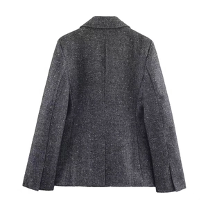 Back view of a grey herringbone tweed blazer with a wool-blend finish and tailored seams