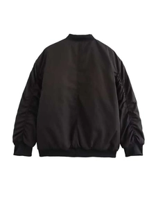 Back view of black bomber jacket featuring ruched long sleeves and ribbed knit trims