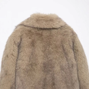 Women's autumn winter faux fur jacket in camel with warm long plush and lapel design