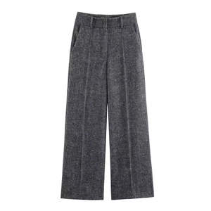 Women's dark gray herringbone high-waisted wide-leg trousers with front pleat detail