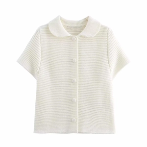 Elegante cardigan in maglia crema a maniche corte con colletto Peter Pan e bottoni