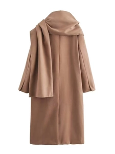 Rear view of caramel brown wool coat featuring matching scarf and back slit detail