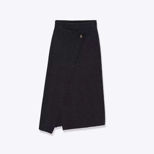Elegant Dark Gray Knitted Asymmetrical Hem Wrap Midi Skirt Fashion Women Office Commuter Solid Color Button Decor Skirt