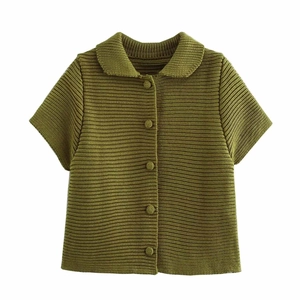 Cardigan in maglia verde oliva a maniche corte con colletto a rever e bottoni singoli