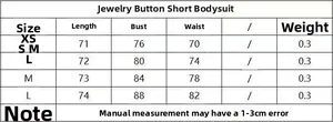 Detailed size chart for square neck romper with jewelry buttons from XS to L
