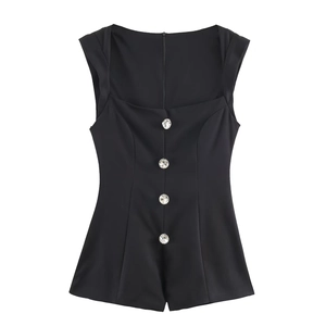 Elegant Women Sleeveless Square Neck Romper With Rhinestone Buttons Slim Fit Black Short Jumpsuit Party Bodycon Playsuit
