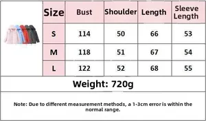 Size chart for winter striped puffer jacket including bust, shoulder and length details