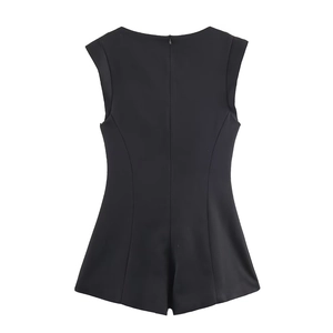 Back view of black sleeveless romper with low square neck and invisible back zipper closure