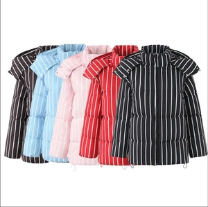 Detail of five-color striped hooded puffer jackets with drawstring hems and stand collars