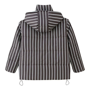 Detail view of the vertical black and white stripes and adjustable drawstring hem on the back