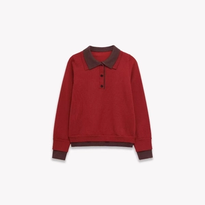 Women Casual Knit Polo Sweater Long Sleeve Contrast Color Lapel Pullover Red Brown Autumn Fashion Top