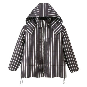 Detail view of winter striped puffer jacket featuring hood metal snaps and zipper closure