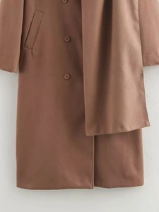 Detailed view of mocha brown wool coat featuring side pockets and matching buttons