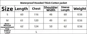 Detailed size chart for women hooded puffer jacket including S, M, L dimensions