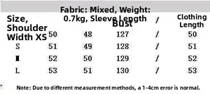 Size chart for women polka dot fleece jacket with measurements in cm for XS to L