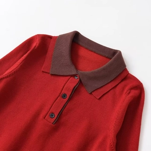 Classic red knitted long sleeve polo sweater with contrast brown collar and three buttons