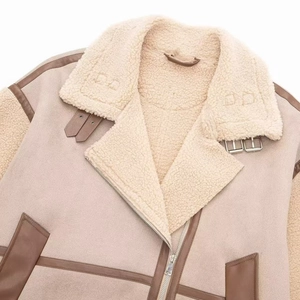 Beige shearling biker jacket with faux suede, contrast leather trim and lapel collar