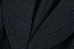 Dettaglio ravvicinato del rever del cappotto in lana grigio scuro con trama saia spessa