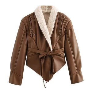 Women Faux Leather Jacket With Sherpa Lining Lapel Turn Down Collar Lace Up Detail Brown Waist Belted Autumn Winter Warm Coat